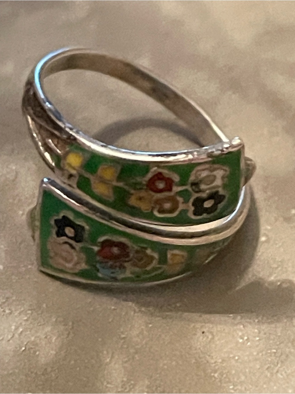 Vintage Thailand Sterling Silver Green Enamel Floral Wrap Ring - Women Jewelry
